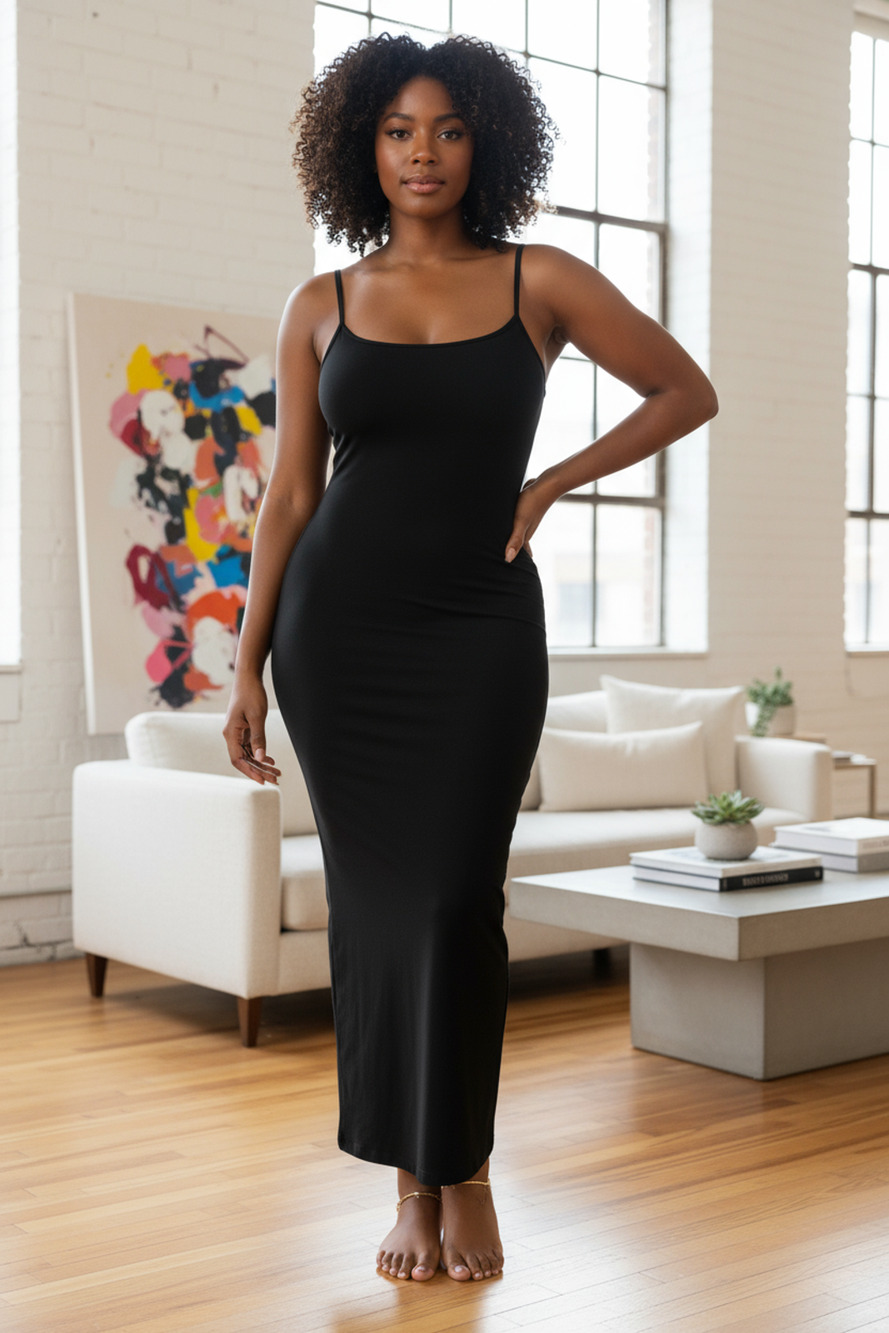 Popilush Slip Long Modal Slimming Maxi Dress Black 3XL Curve Minimalist Sleek